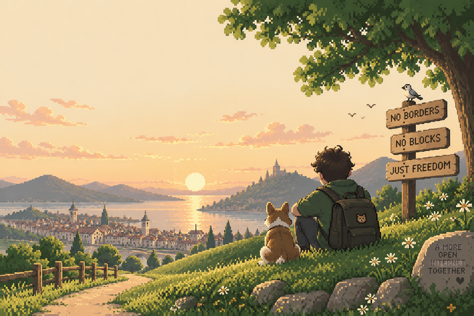 A traveler and dog looking over a free internet world