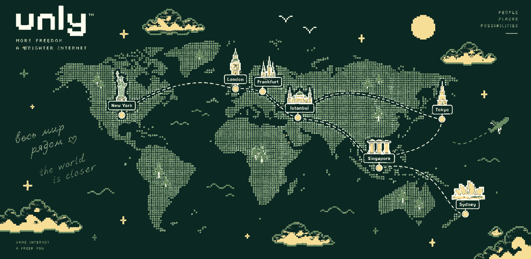 Pixel-art world map with unly locations